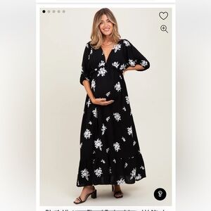 Black Vintage Floral Embroidered V-Neck 3/4 Sleeve Maternity Maxi Dress